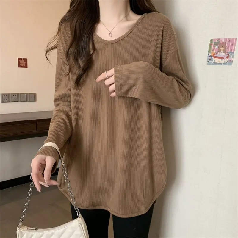 

Mid-length Long-Sleeve T-shirt Women's Spring Autumn New Loose Korean-Style Thread Solid Color O Neck Tshirts Ladies Top
