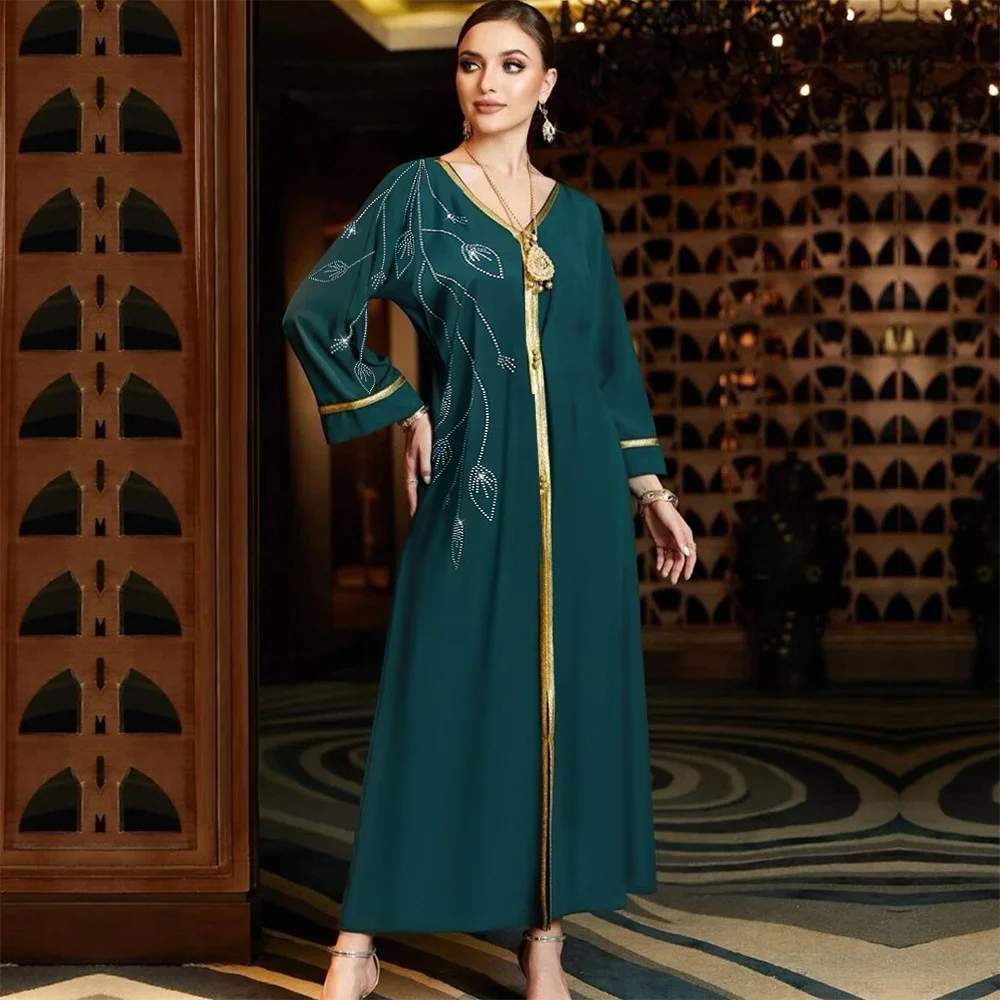 

Abaya for Women Dubai Arabic 2023 New Women's Dress with Diamond Embedding Robe Dress Without Belt V-neck Long Sleeves Dress