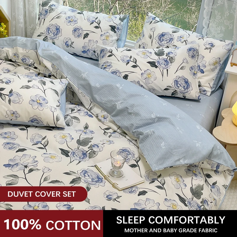 Blue Floral 100% Cotton Luxury Bedding Set, 133x72 Fabric, Skin-friendly,Duvet Cover & 2pcs Pillowcase