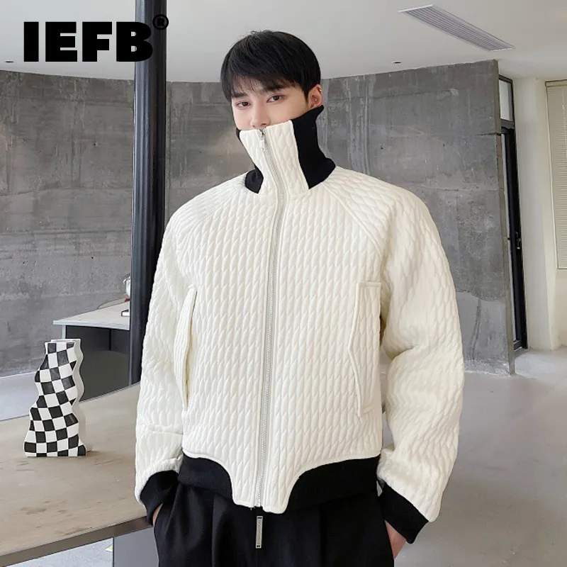 

IEFB Winter Personality Quilted Cotton Fashion Short Stand Collar Men's Warm Jacket 2023 Korean Contrast Color Zipper 9A6132