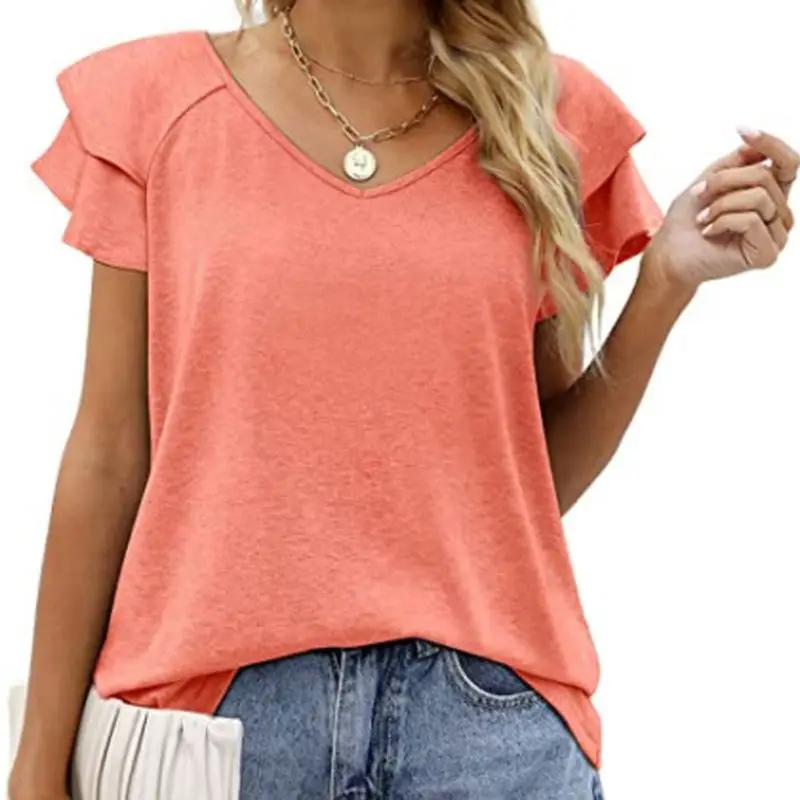 

2022 Новый женский топ персиковый воротник, двойной лист лотоса, женская футболка с коротким рукавом