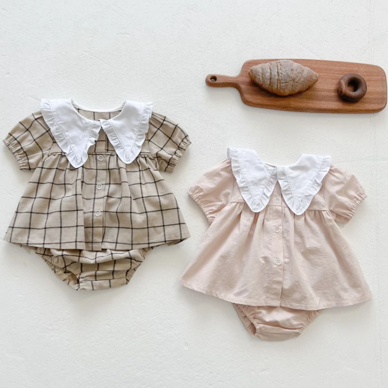 

Summer Newborn Baby Clothes 0-3 Year Old Baby Girl Suit Sweet Lattice Short Sleeve Lapel Button Top Bread Shorts Two-piece Set