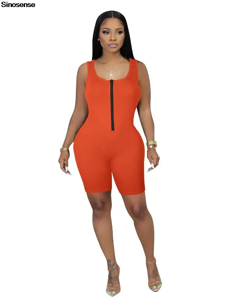 

Sexy Skinny Bodycon Playsuits Spring Summer Women Streetwear Club Party Rompers Solid Outfits Zip Up Ribbed Knitted Jumpsuits