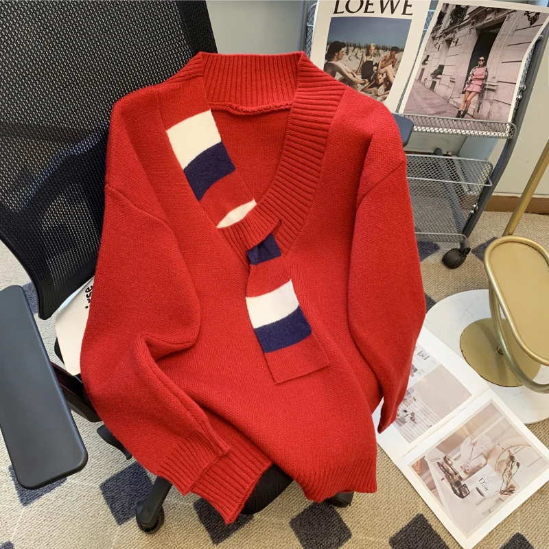 

Autumn Korean New Solid Color V-Neck Thickened Loose Relaxed Style Sweetheart Knitted Sweater Red Niche Design