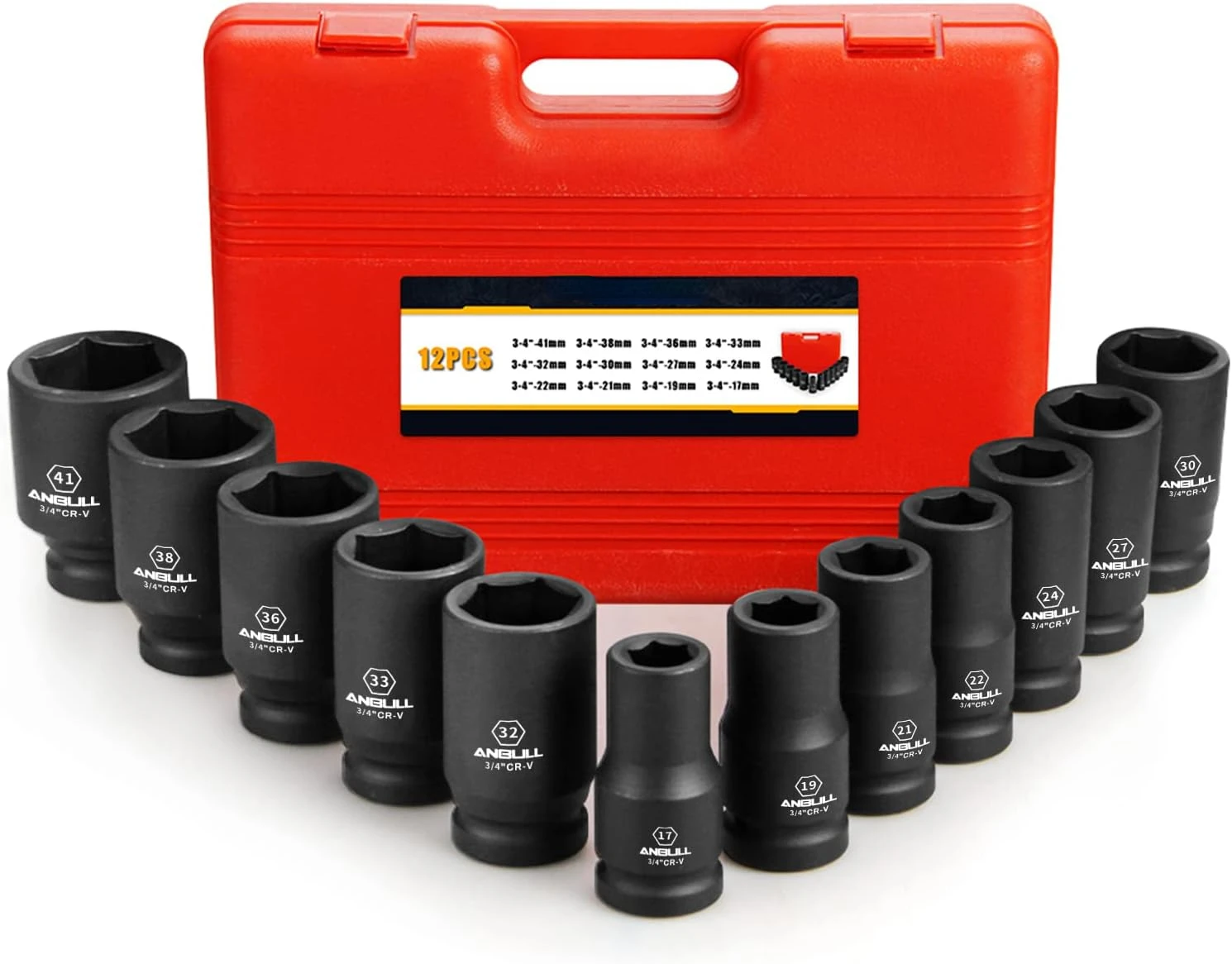 

Inch Drive Deep Socket Set, 12 Piece Metric Combination, Sizes 17mm 19mm 21mm 22mm 24mm 27mm 30mm 32mm 33mm 36mm 38mm 41mm Hex