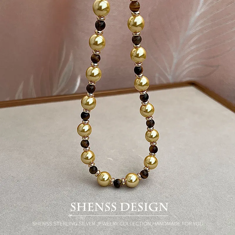 Ожерелье с имитацией жемчуга и камнем кошачий глаз 10 мм ожерелье из меди золота 14
