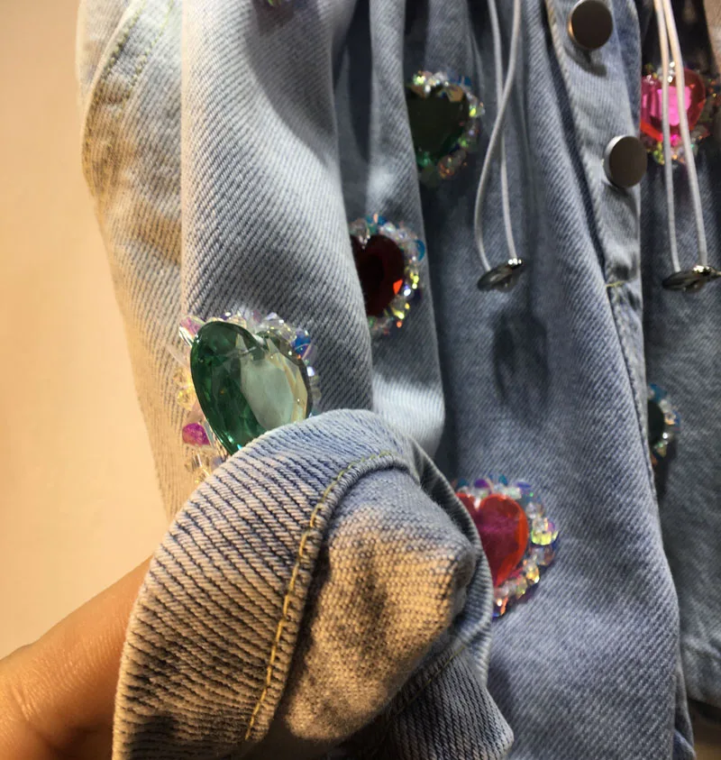 European Summer New Exquisite Rhinestone Beaded Peach Heart High Waist Denim Shorts Loose Slimming Wide-Leg jeans Shorts Women