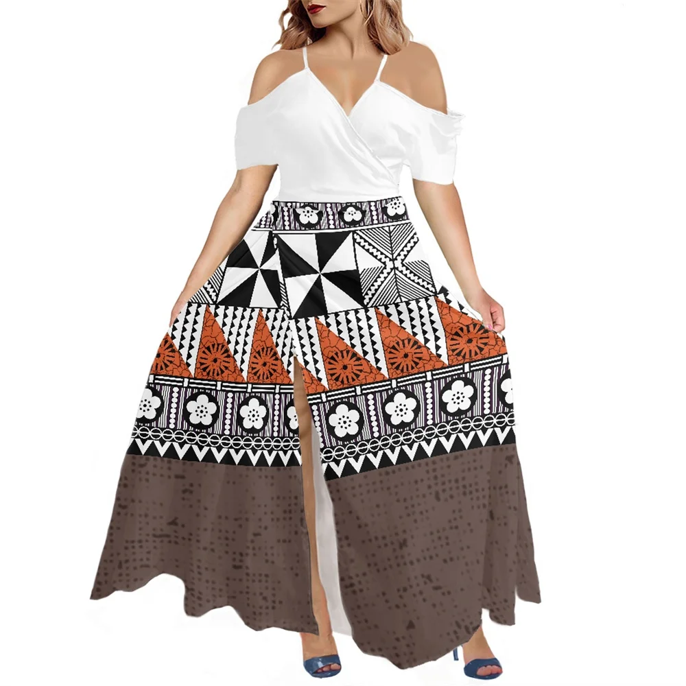

Girls Halter Outfits Polynesian Tribal Swing Dress Samoa Fiji Masi Tapa Print Custom Latest Maxi Summer Beach Split Dress