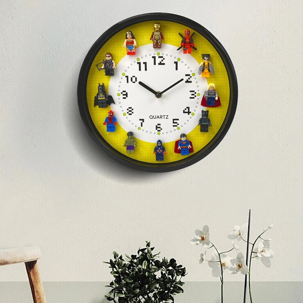 

wall decor Building Blocks Superhero Large Wall Clock Teen Room Decorations Modern Design 3D 12Inch Mute Clocks Children