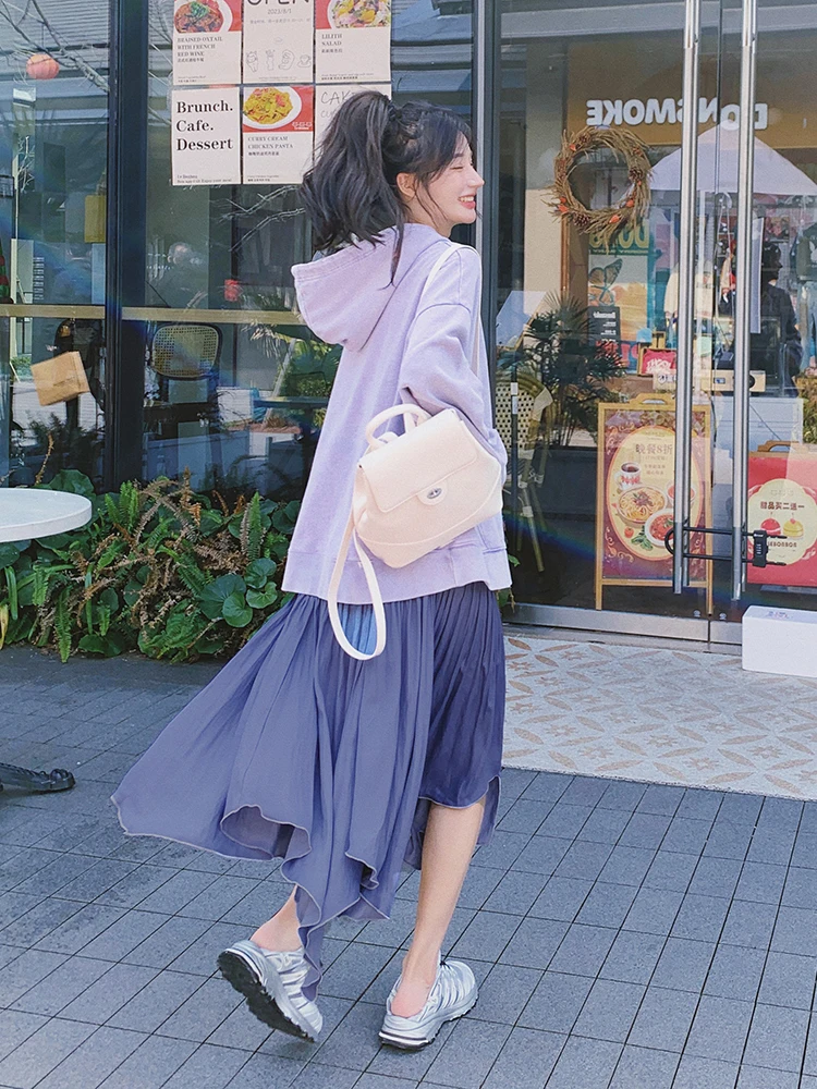 Absolutely Purple Fake Two Pieces Hoodie Dress Women Spring and Autumn 2024 New Korean Series Preppy Age-Reducing First Love ...