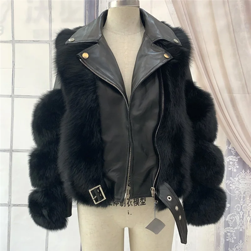 Winter Fashion Ladies Long-sleeved Lapel Faux Fur Stitching Black Fake Fur Flocking Beltless Fur One Fur New Cropped Jacket