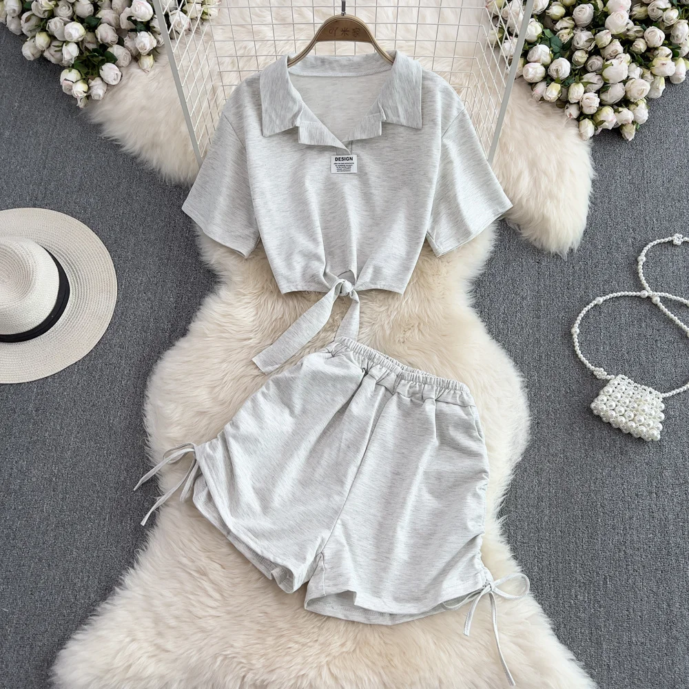 

Fashion Girls Sport Run Short Pants Sets Women Summer New Grey Pink Casual Short Top And Drastring Shorts Suits For Home Sport