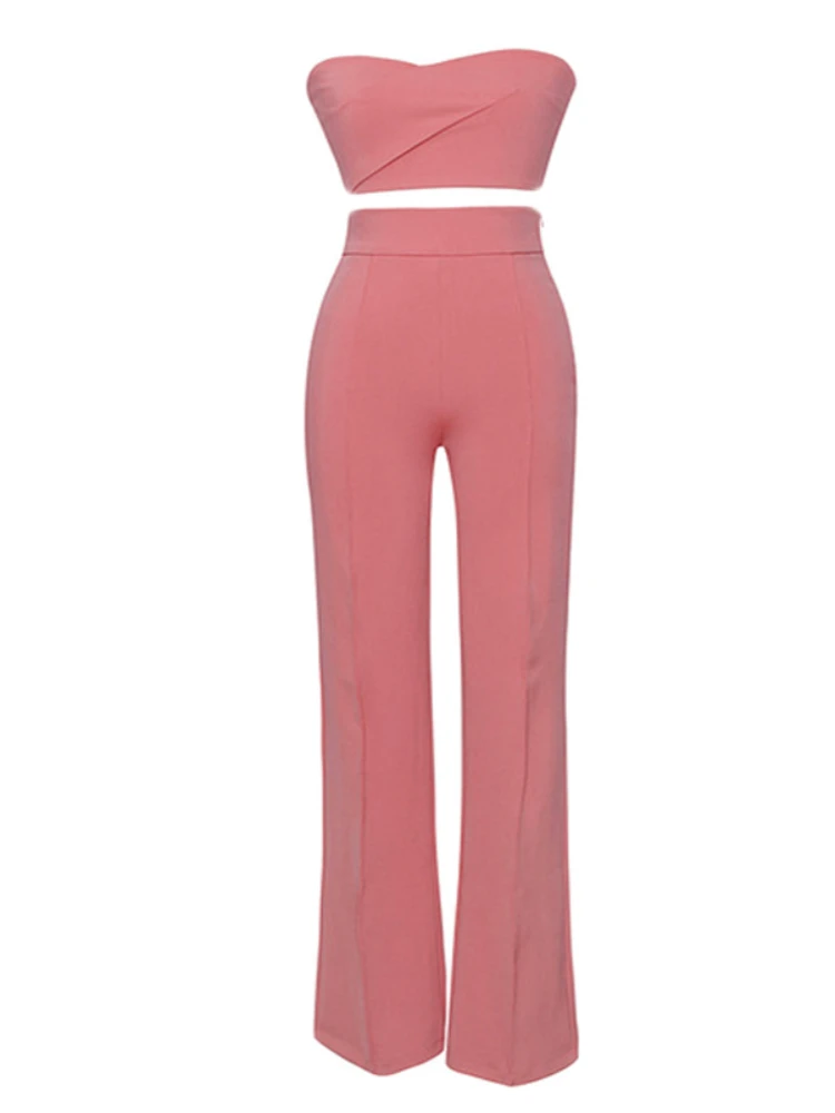 

2022 Sexy Pink Two Piece Set Stretch Crepe Pant Suit High Waist Party Casual Loose Long Pants Bustier Top Women's Set