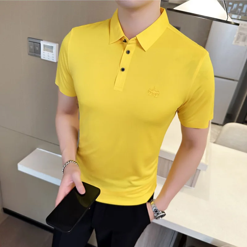 

Plus Size 4XL-M Summer Ice Silk High Elastic Polo Shirt Men O-Neck Smooth Traceless Short Sleeve Slim Fit Tee Shirt Tops Homme