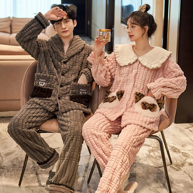 QUHENG Autumn Winter Pyjamas Women Sets Thicken and Keep Warm Cartoon Home Wear Men Clothes Flannel Sleepwear Couple Sleepwear