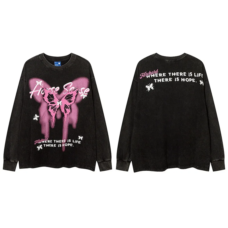 

2023 Autumn and winter dark butterfly printed wash water to do old long sleeve T-shirt men's and women's loose top