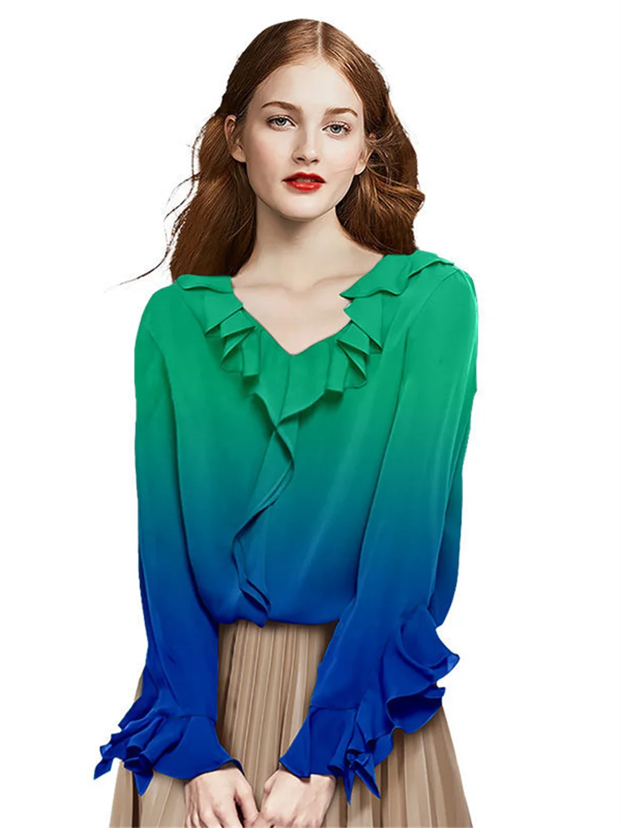 

Loose Women Spring Summer Style Blouses Tops Lady Fashion Long Sleeve Turn-down Blue Green Ruffles Blouse Tops