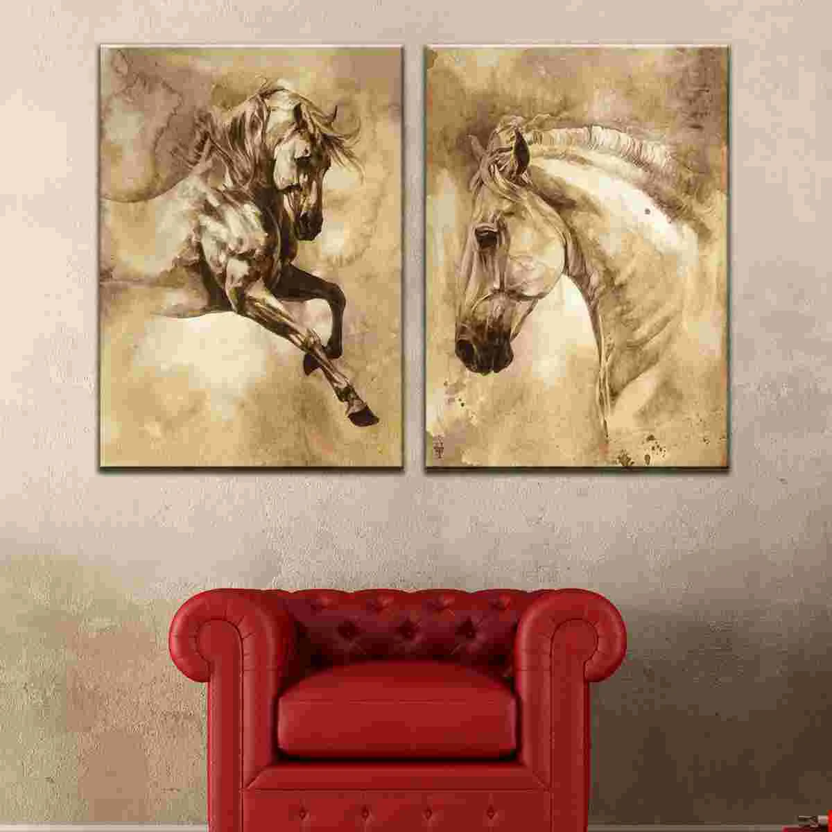 

Unframed Two Panels on Canvas Wall Modern Oil Paintings Decorative Abstract Horse Pictures for Home Living Room Bedroom