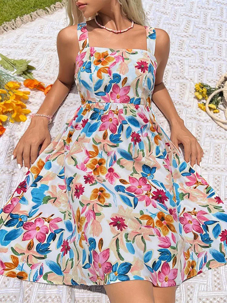 

Dresses Ladies 2023 Summer Vintage Floral Sling Lolita Dress Prom Attire Square Neck Backless Elegant Party Women's Clothing