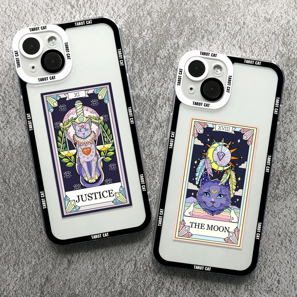 

Witches Moon Tarot Mystery Totem Cat Phone Case for iPhone 14 11 13 12 Pro Max XR X XS 8 7 6 6S Plus Mini Clear Angel Eyes Funda