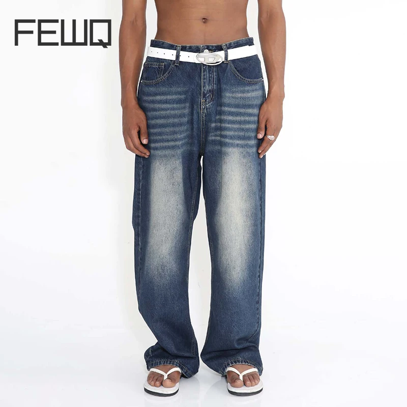 

FEWQ Men Seasons New Korean Edition Loose Mid High Waist Straight Tube Casual Denim Pants Trendy Retro High Street Jeans 24X1224