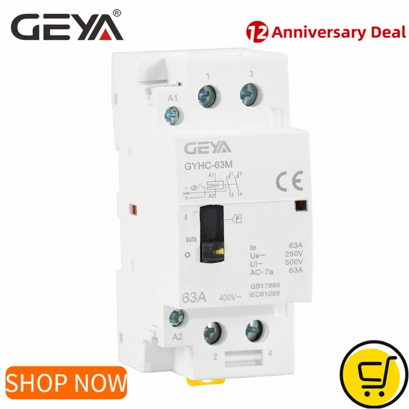 

GEYA Manual Household Modular 2P 40A 63A 2NO or 2NC DIN Rail AC Contactor AC220V 230V Manual Control