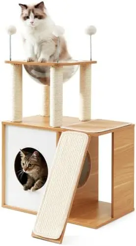 

Cat Tree for Indoor Cats, Modern Cat Tower Tall for Large Cats Kitten, Wood Kitty Condo Climbing Furniture Heavy Duty, Vesper Cu