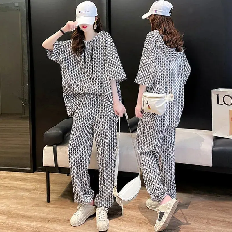 Спортивный костюм с капюшоном Женская клетчатая футболка повседневные брюки