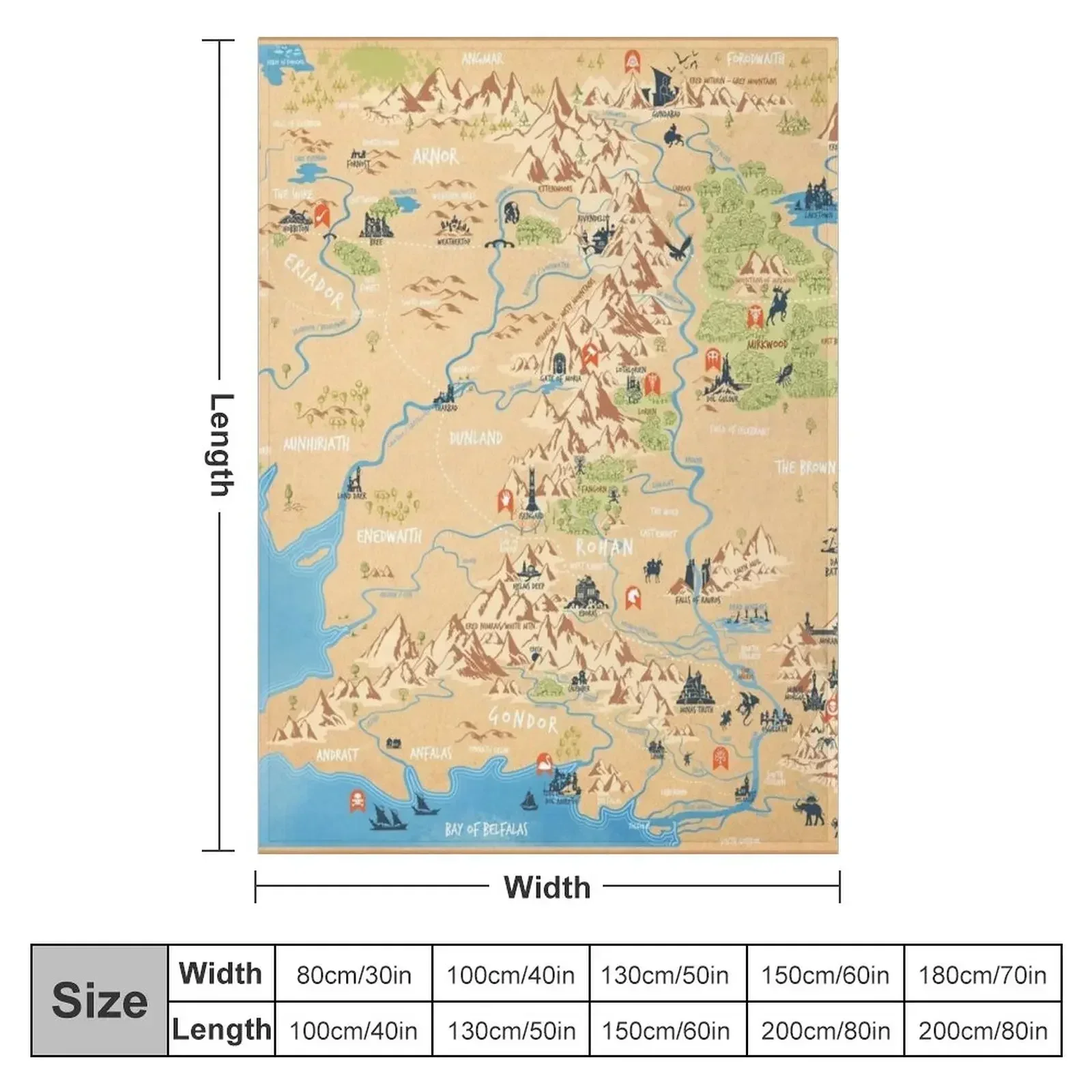 Дж.Р.Р. Толкин - карта Ближней Земли простые иллюстрации со значками плед мягкие