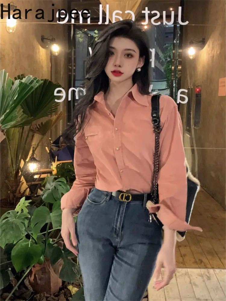 

Женская Однотонная рубашка Harajpee с отложным воротником, на пуговицах, с длинными рукавами