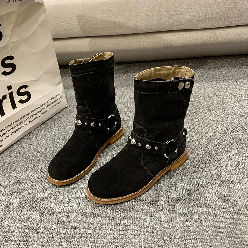 Модные женские ботильоны с заклепками весенне-осенние короткие ботинки на