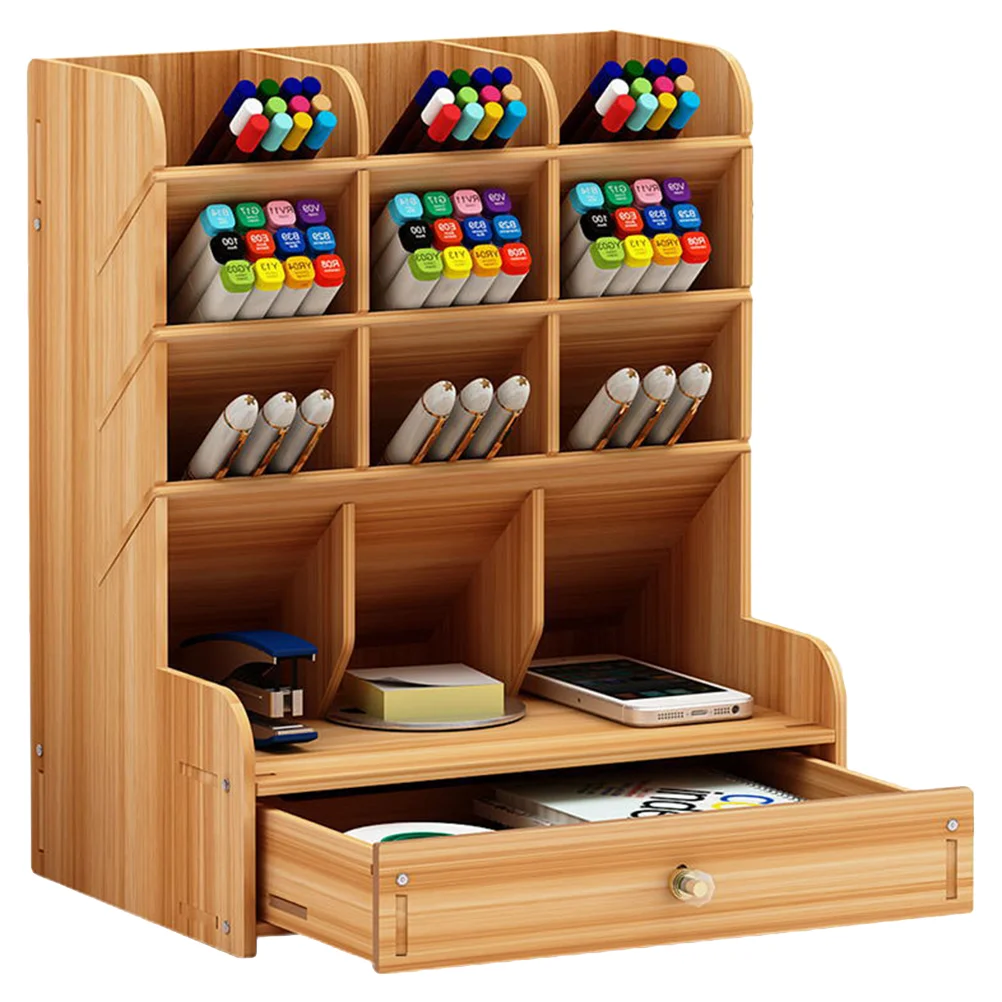 

Wooden Desk Storage Organizer Holder Pen Shelf File Rack Cell Desktop Sorter Wood Office Box Tabletop Marker Cup Crayon Mail