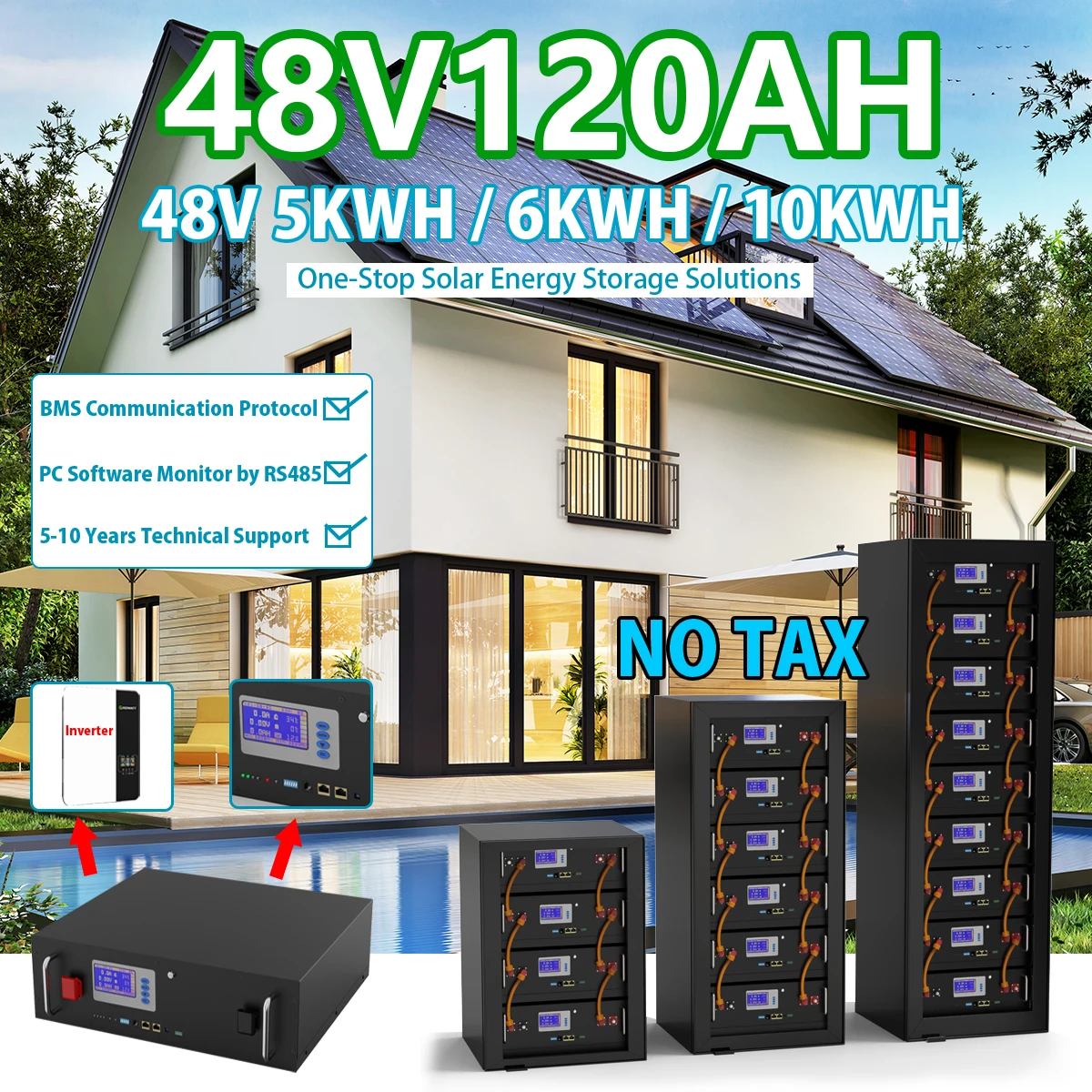 48V 120Ah 200Ah LiFePO4 Battery Pack 6000 Cycles 51.2V 6Kw 10Kw 32 Parallel PC Monitor 16S Smart BMS Lithium Battery EU Free Tax