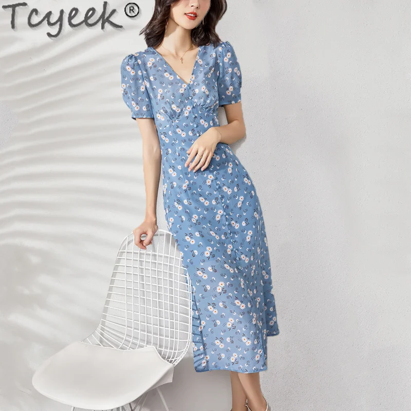 

Платье женское летнее из шелка тутового шелкопряда с V-образным вырезом