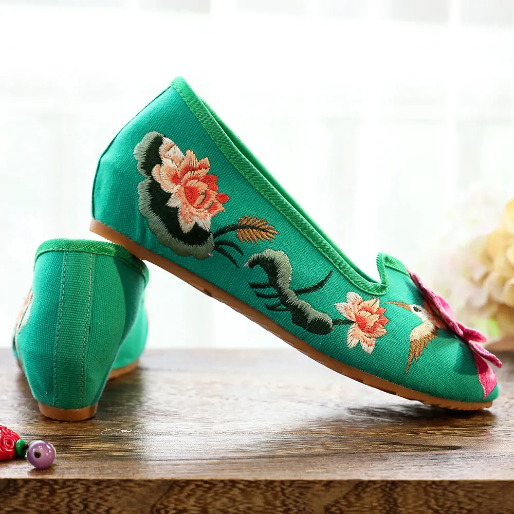 

YRZP 3D Flower Embroidered Women's Pointed Toe Canvas Ballet Flats Ladies Casual Soft Slip-on Shoes Zapatos Mujer Mint Green