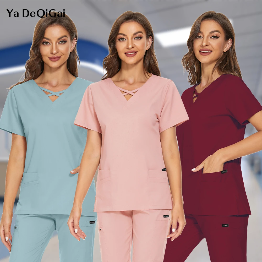 

High Quality Wholesale Operating Room Medical Uniform Set Short Sleeve Nurse Nursing Accessories Tops Pants Elastic Scrubs Suit