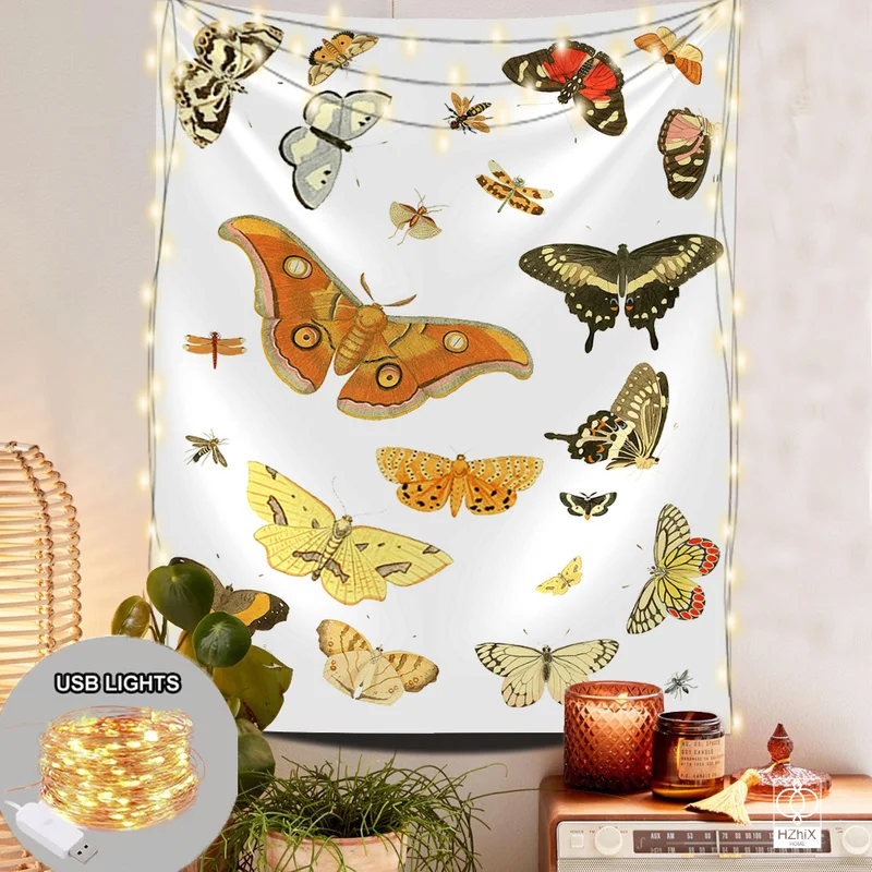 

Butterfly Illustration Chart Tapestry with Lights Hippie Nordic White Large Fabric Wall Tapestries Aesthetic Kawaii Room Decor