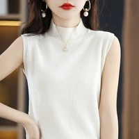 spring and summer new 100 pure wool ladies wear solid color all match pullover slim sleeveless half turtleneck vest top