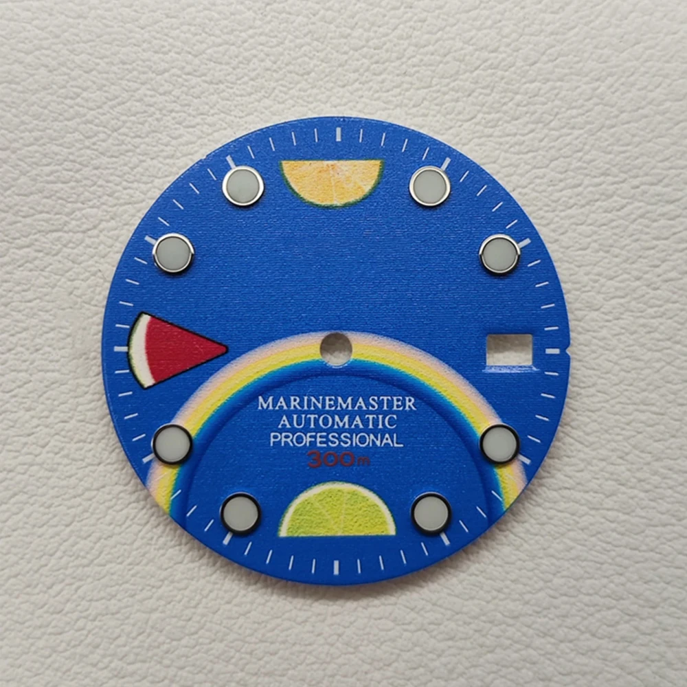 

28.5mm Ice Blue Luminous Diving Dial With Window 3/3.8 Position Dial Plate For NH35/ NH36/ 4R36/ 4R35 Movement