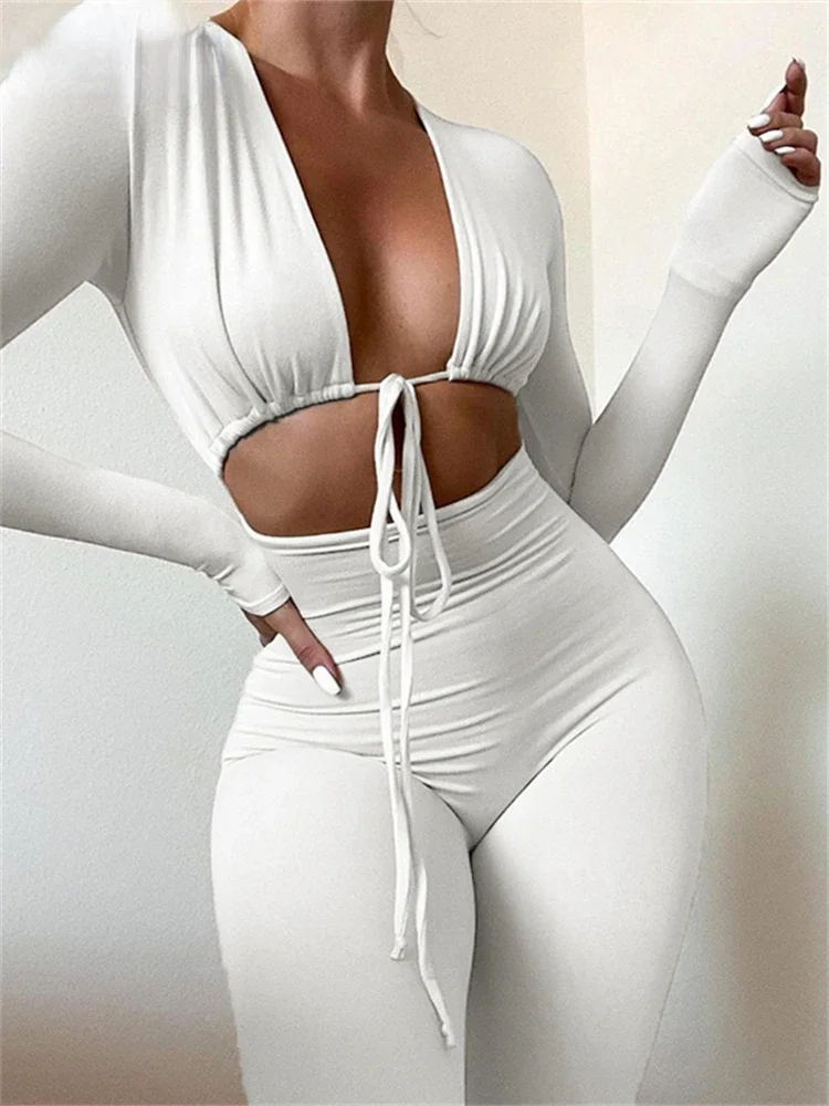 

Женский комбинезон с V-образным вырезом, длинным рукавом