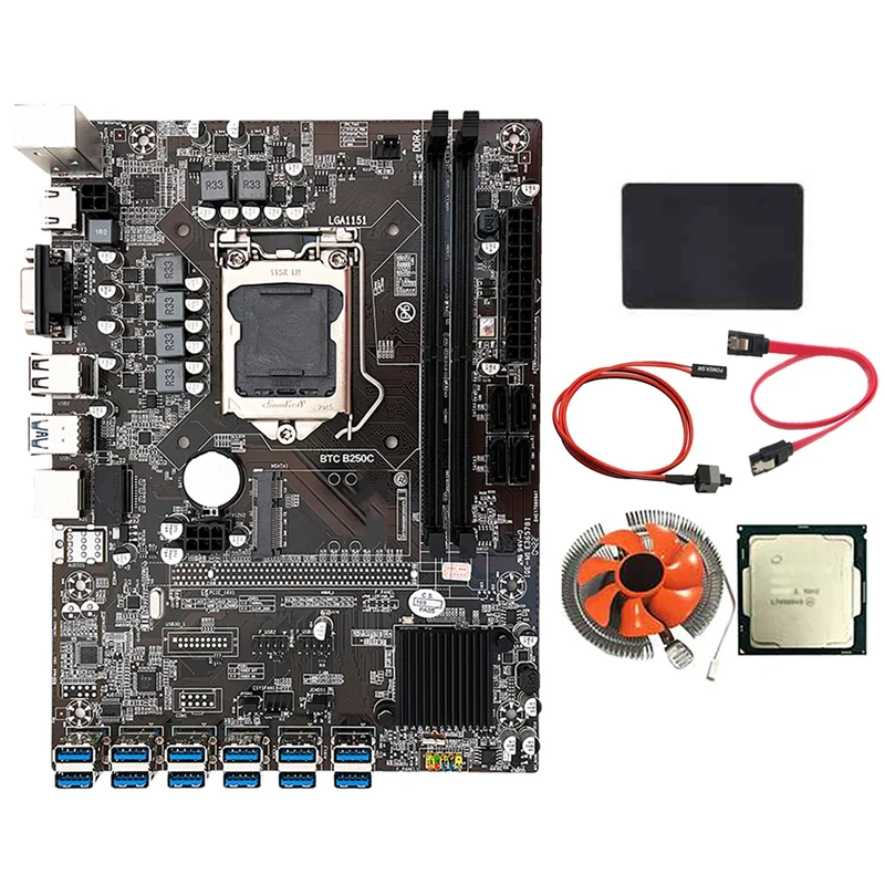 

B250C BTC Mining Motherboard with G3900 CPU+240G SSD+CPU Fan+Switch Cable+SATA Cable 12 USB3.0 Slot LGA1151 DDR4 SATA3.0