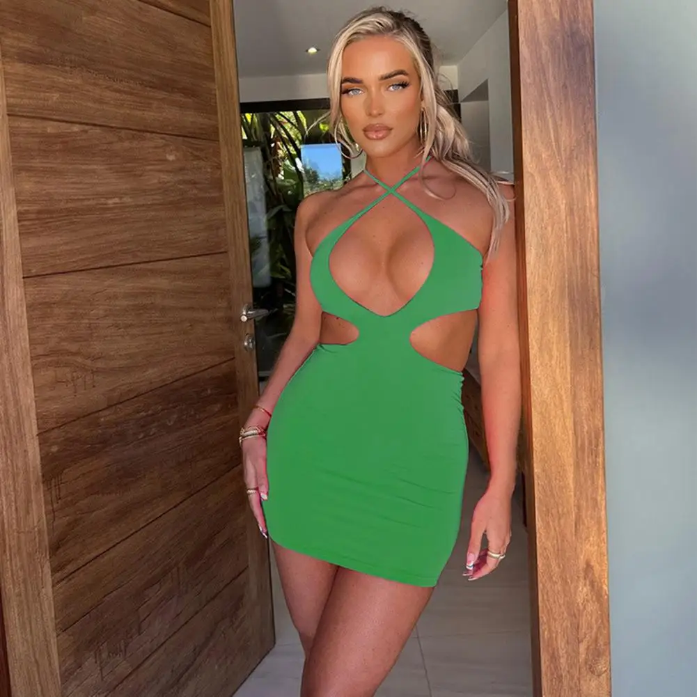 

robe femme été Front Hollow Push Up Hip Wrap Mini Dress Halter Backless Bodycon Short Dress Club Wear dresses for women 2022