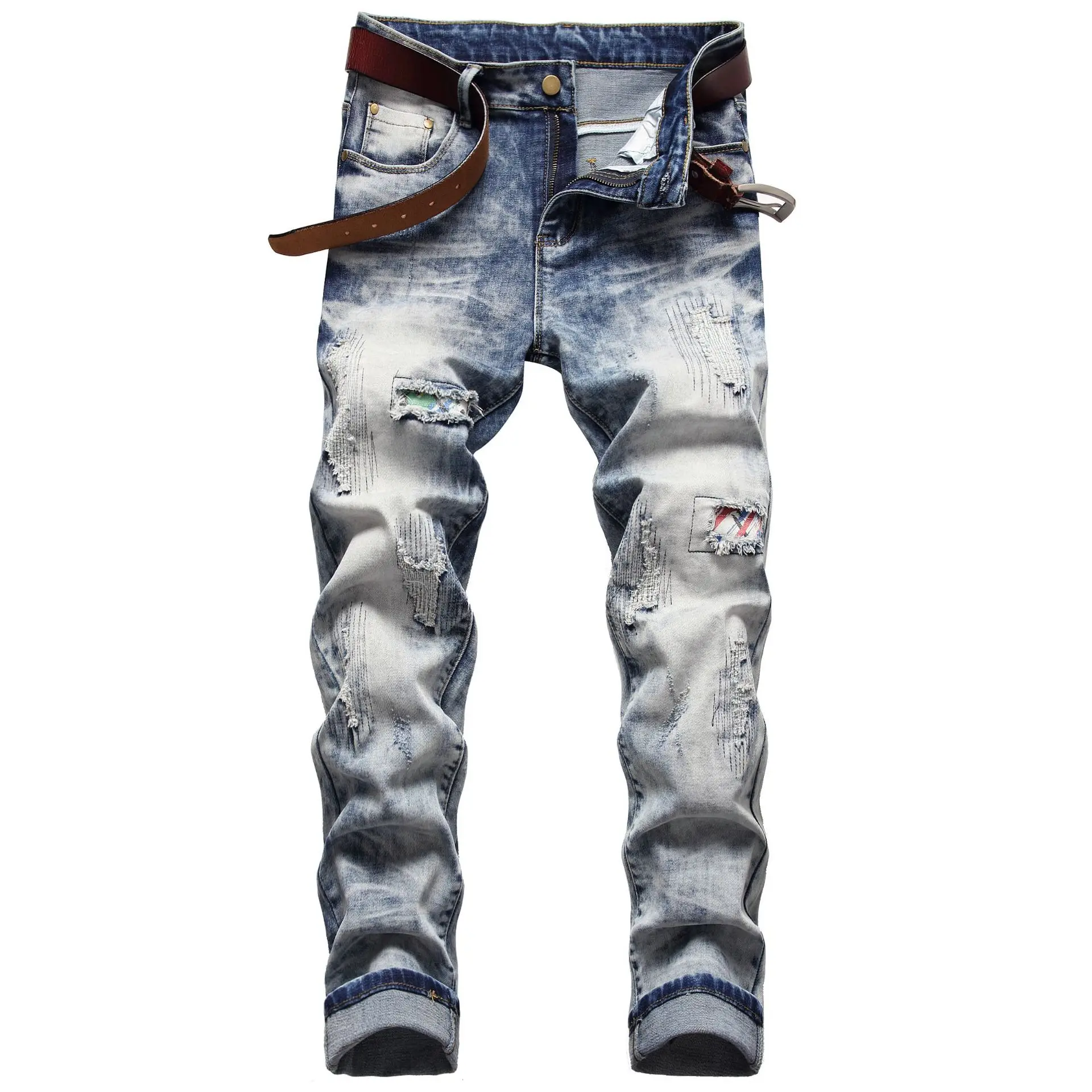 Fashion Streetwear Men Jeans Hole Patch Embroidery Nostalgic Elastic Small Straight Ripped Jeans Full Length Denim Pants