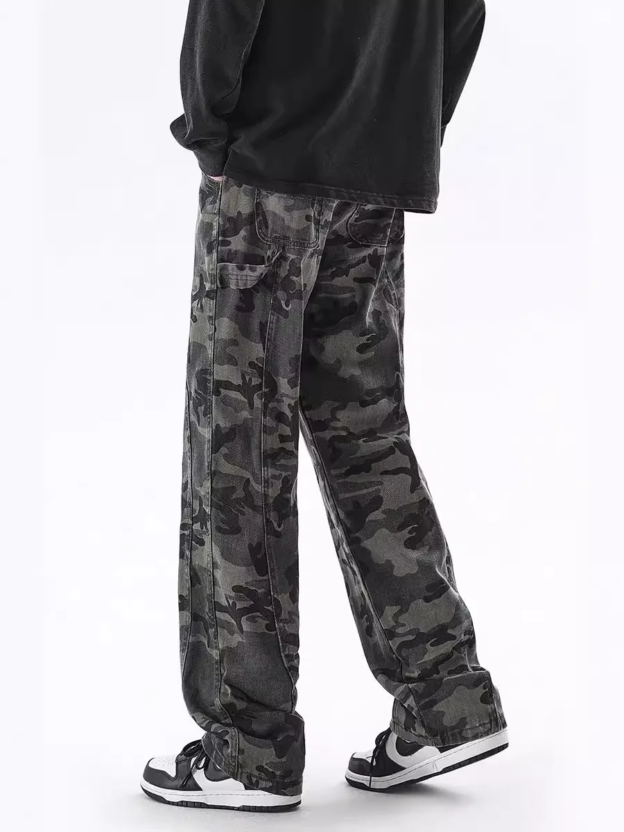 Джинсы мужские прямые с леопардовым принтом повседневные камуфляжные модные