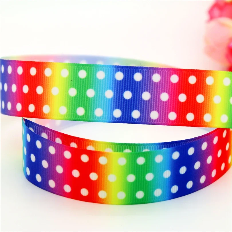 7/8'' Rainbow polka dots printed grosgrain ribbon hairbow headwear party decoration DIY wholesale 22mm D576