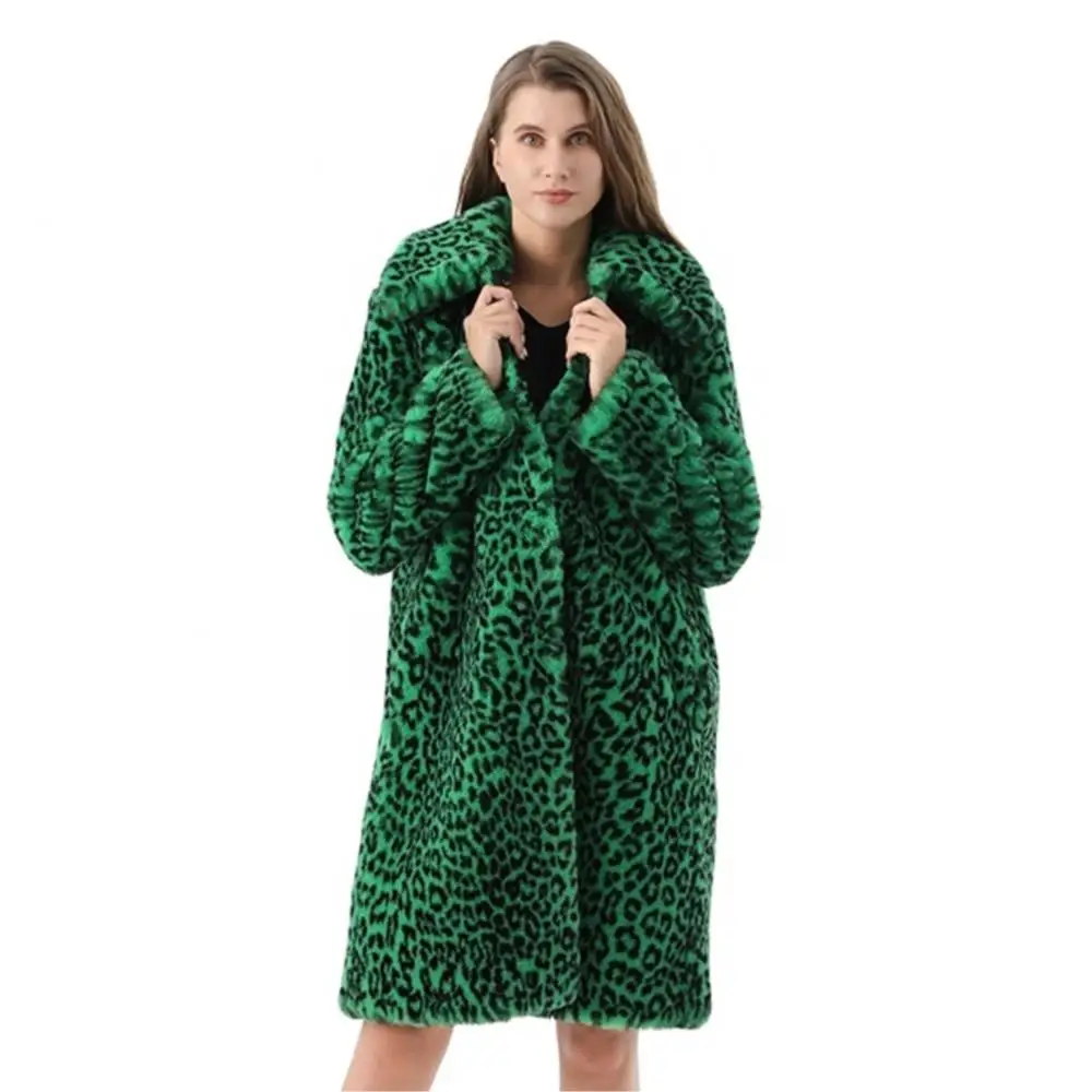 Women Winter Real Fur Long Leopard Print Coat Thermal Button Plus Size Shaggy Fur Jacket Leisure Noble Real Fur Women Coat