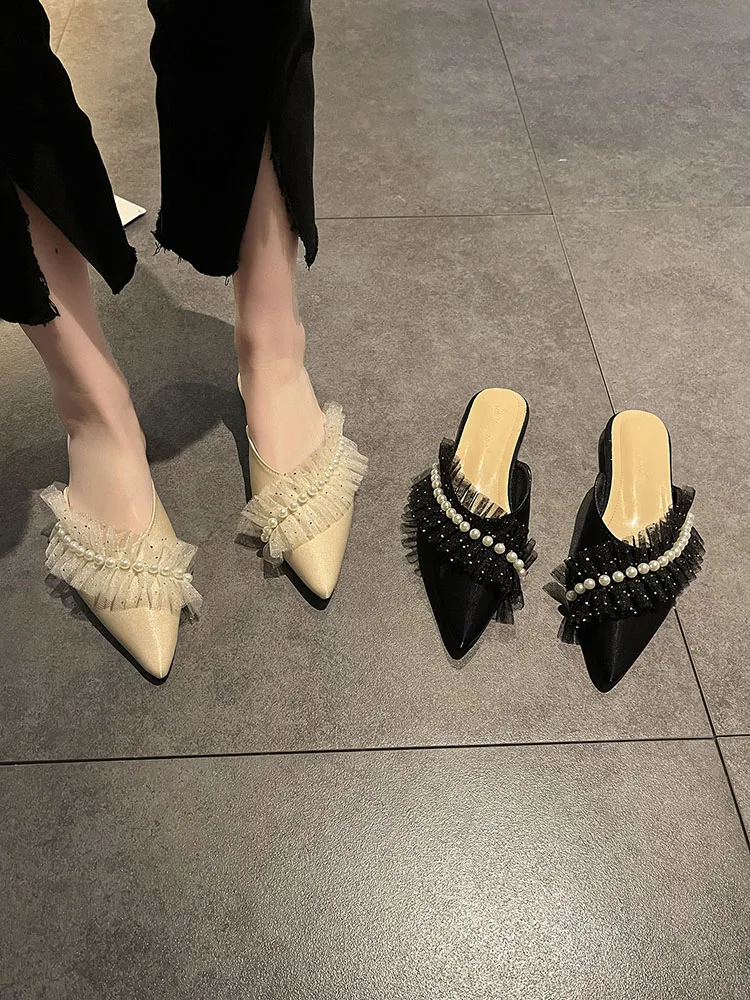 

Female Shoes Low Ladies' Slippers Cover Toe Shallow Luxury Slides String Bead Mules For Women 2022 New Soft Designer Pointed