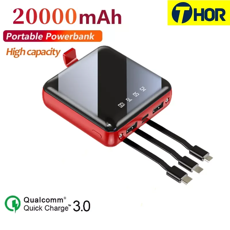 

NEW2023 20000mAh Mini Power Bank Built in Cable Portable Charger Full Mirror Screen Powerbank External Battery Pack Power Bank w