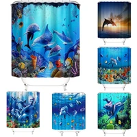 funny dolphin shower curtains cute tropical ocean animals fish blue seawater sea scenery bathroom decor fabric hanging curtain