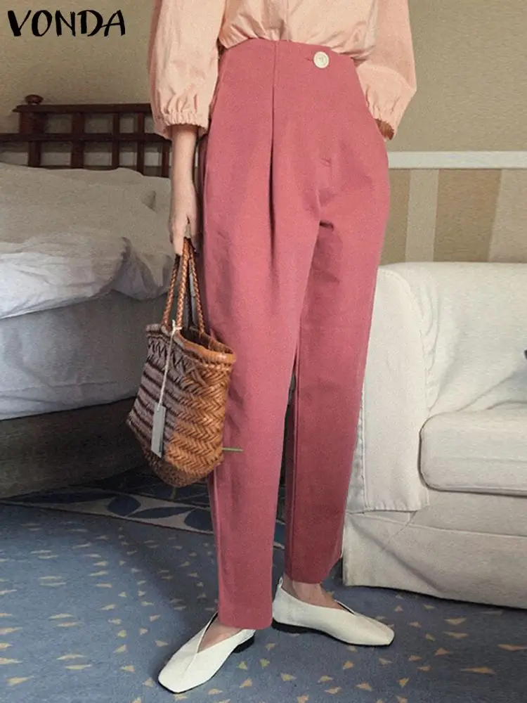 

Брюки VONDA 2022 женские офисные, повседневные Прямые Штаны с завышенной талией, модные с пуговицами и мятой